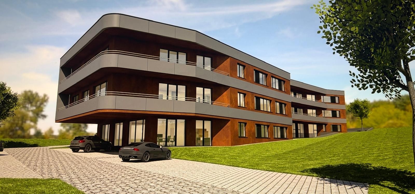 3D-Architektur-Rendering des neuen Hauptsitzes von Rosenberger Telematics in Attersee am Attersee, Oberösterreich