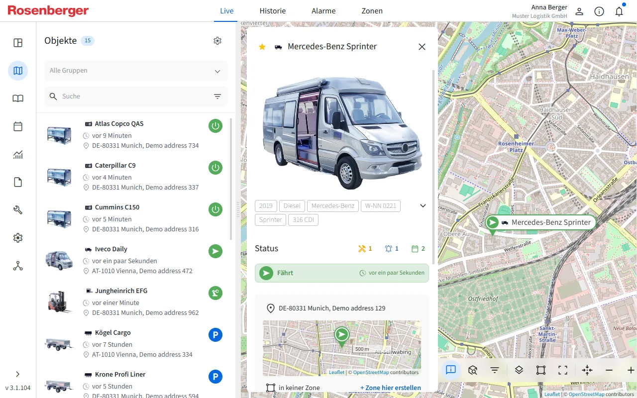 Commander Live-Karte mit Objektliste und Fahrzeug-Detailansicht