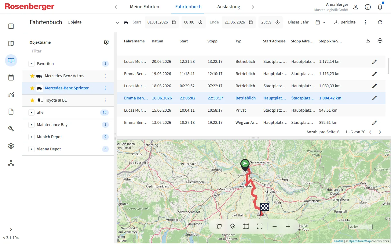 Commander digitales Fahrtenbuch mit Route auf der Karte